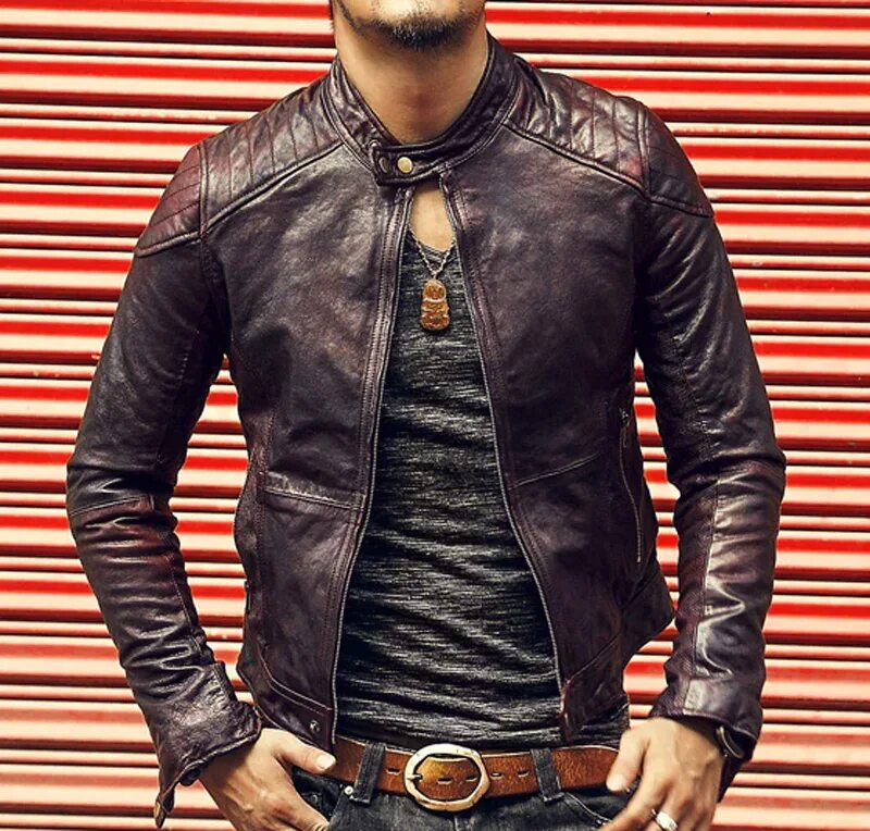Купить кожаную куртку фото Brand Leather Jacket Men Slim Short Stand Collar Bomber men Jacket genuine Leath