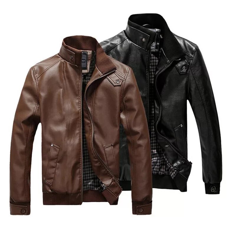Купить кожаную куртку фото 2019 New Fashion Autumn Male Leather Jacket Black Brown Mens Stand Collar Coats 