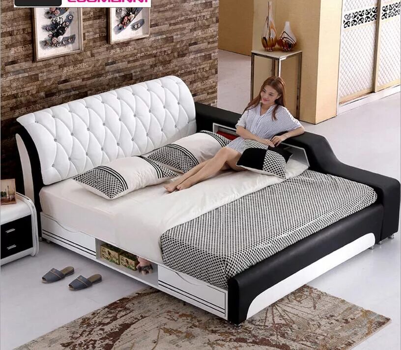 Купить кровать цена фото 1.8 m Cama De Cuero Cama Doble tatami de pequeñas y medianas empresas de softwar