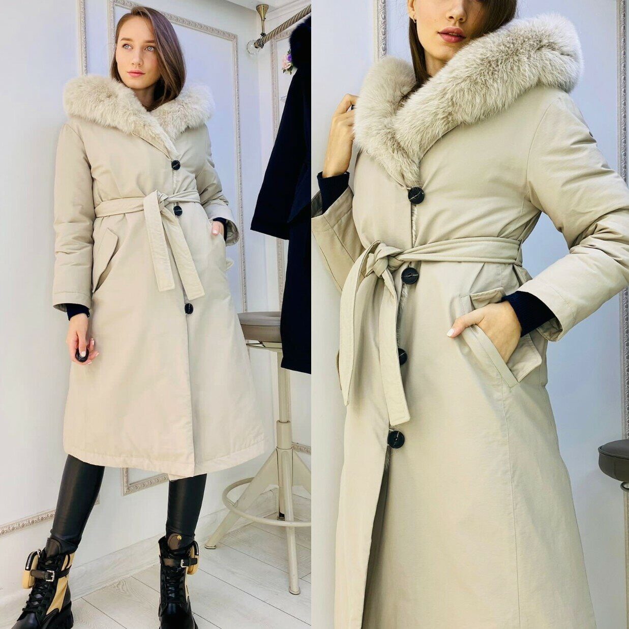 Купить модное зимнее пальто Женское строгое пальто с меховым воротом купить