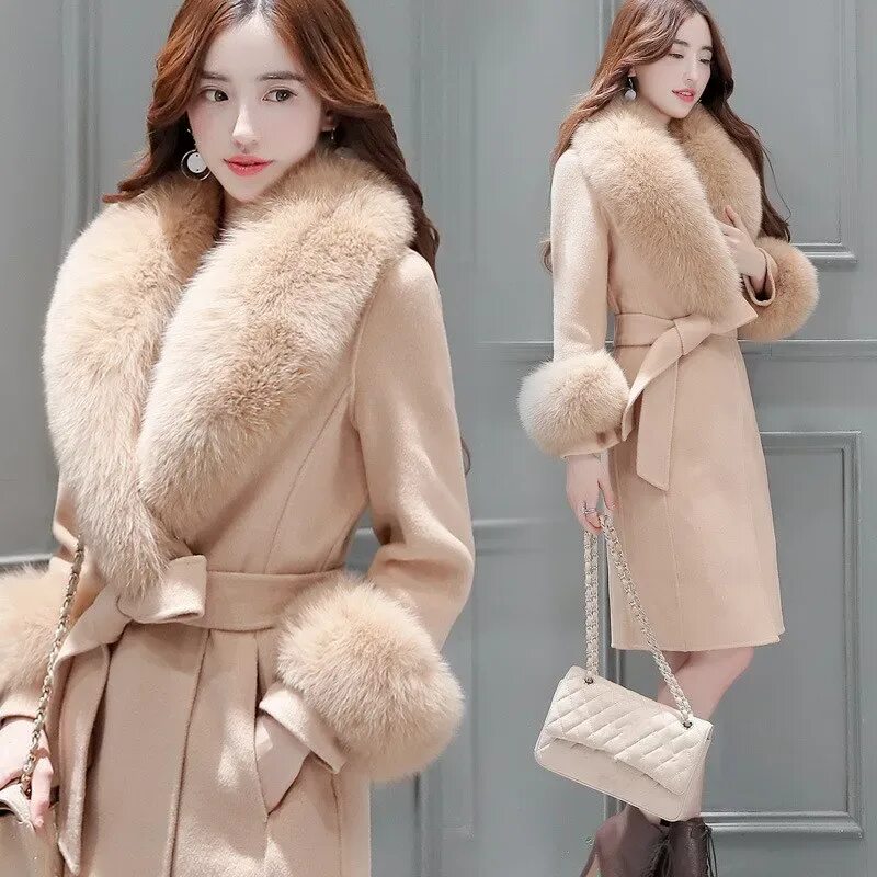 Купить модное зимнее пальто Elegant Slim Long Trench Coat Women Autumn Fur Collar Wool Blend Coat Long Sleev