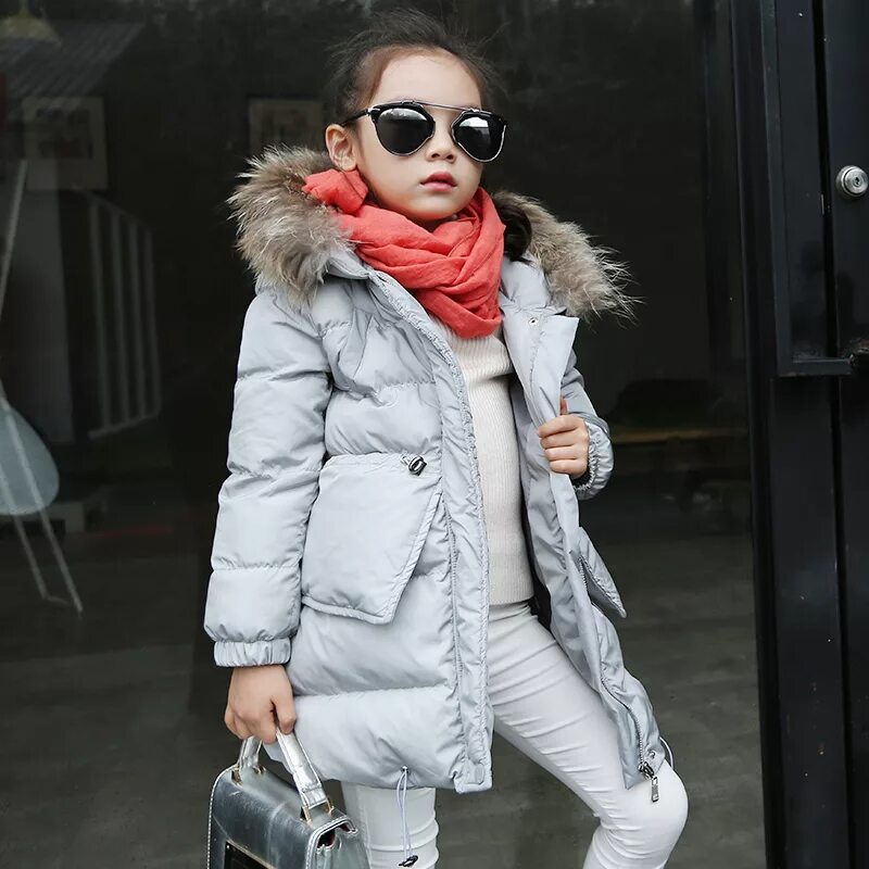 Купить модную куртку девочке New 2019 Children Clothing Girls Winter Coat Fashion Fur Collar Hooded Thick War