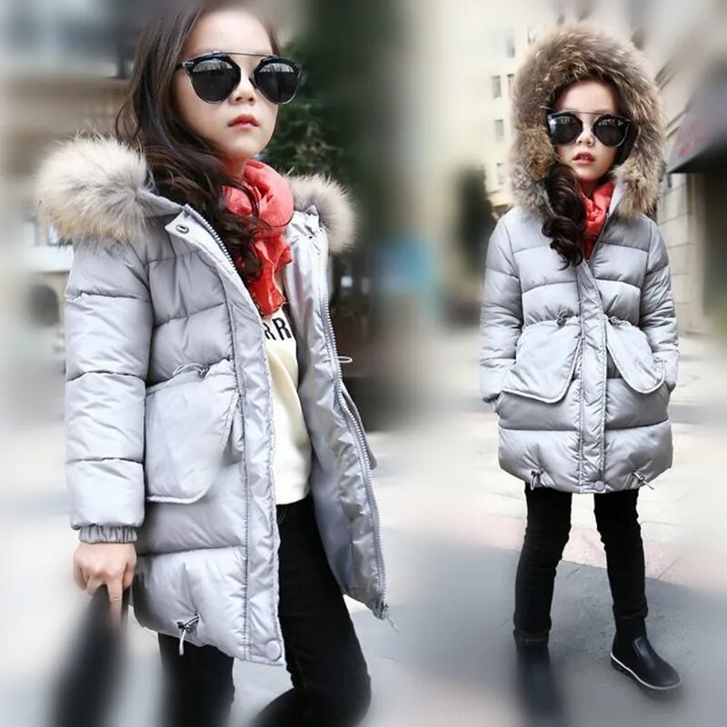 Купить модную куртку девочке Winter New Children Fashion Big Pocket Solid Color Cotton Coats Girls Thickening