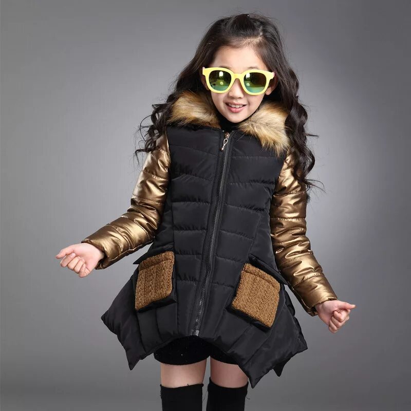 Купить модную куртку девочке Winter clothes for children girls fashion thick PU leather jacket kids coat park