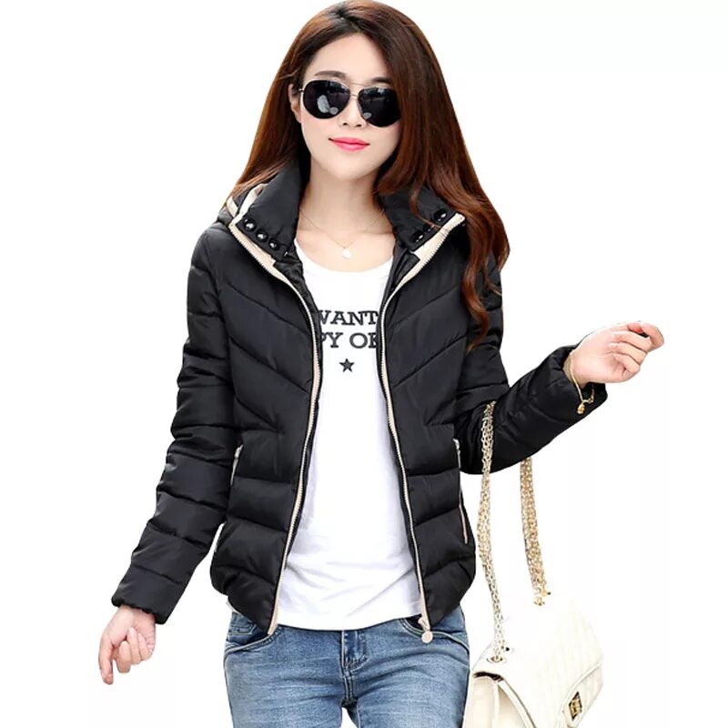 Купить модную женскую куртку на осень Autumn Winter Women's Hooded Down Cotton Jacket with Slim Fit and Pockets - Soli