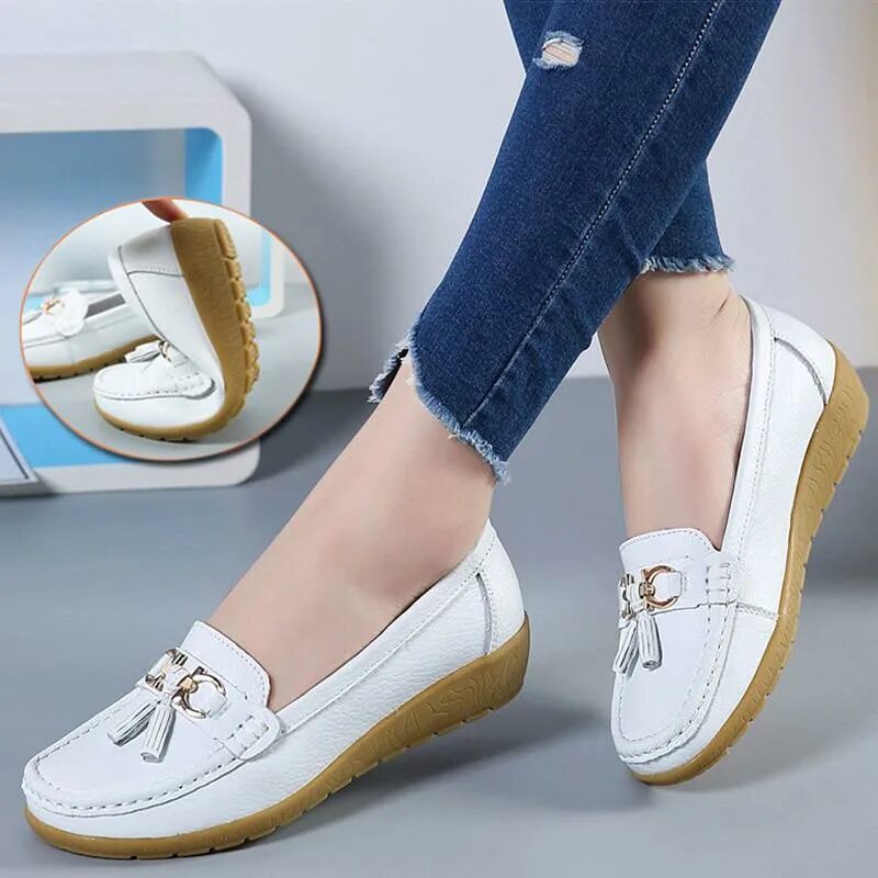 Купить модную женскую обувь Women Flats Ballet Shoes Cut Out Leather Breathable Moccasins Women Boat Shoes B