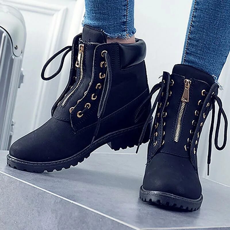 Купить модные зимние ботинки женские Fashion Women Boots Leather Shoes Work Ankle Boots for Women Adult Cross-tied Fe
