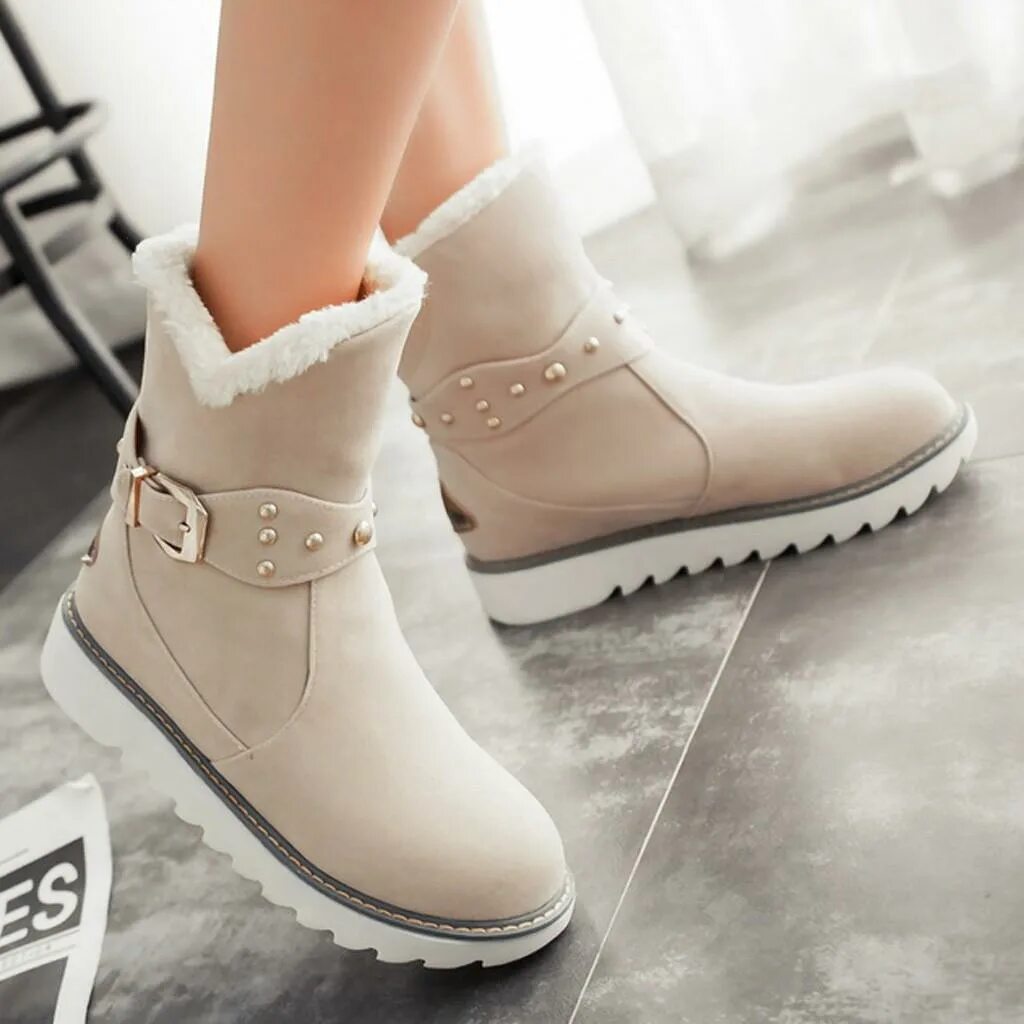 Купить модные зимние ботинки женские Women Winter Warm Boots Round Toe Snow Buckle Ankle Bare Boots Casual Booties ку