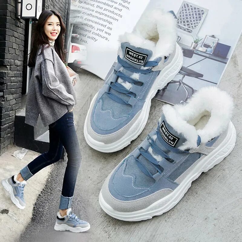 Купить модные зимние кроссовки женские Woman Casual Plush Snow Boots Sneakers Faux Suede Leather Snowboots - купить по 
