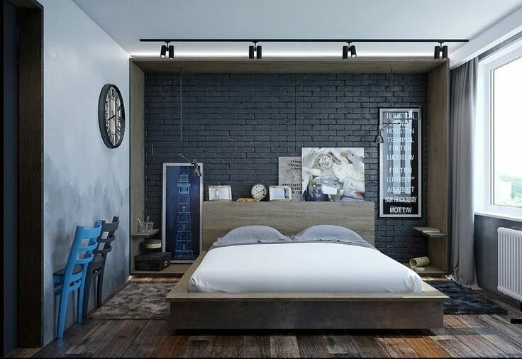 Купить молодежную спальню стиле лофт гомель décoration chambre adulte industrielle- brique noire et spots sur rail Backstein