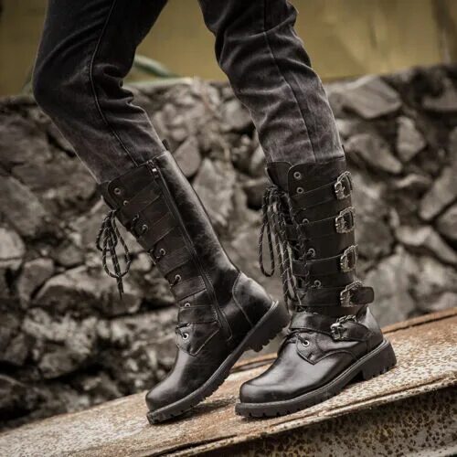 Купить мужские сапоги милитари стиль фото Punk Military Mid Calf Boots Mens Riding Motorcycle Combat Lace Up Casual Boots 