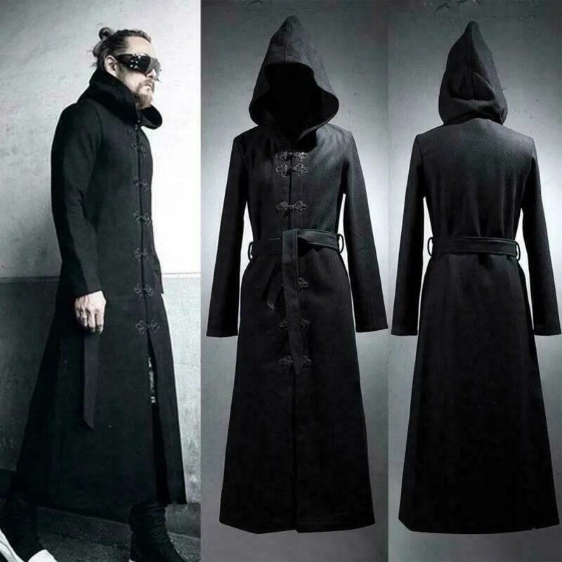 Купить мужское пальто в готическом стиле Мужской узел кнопка Gothic шерсти смесь капюшон сгустить китайская куртка Тренч 