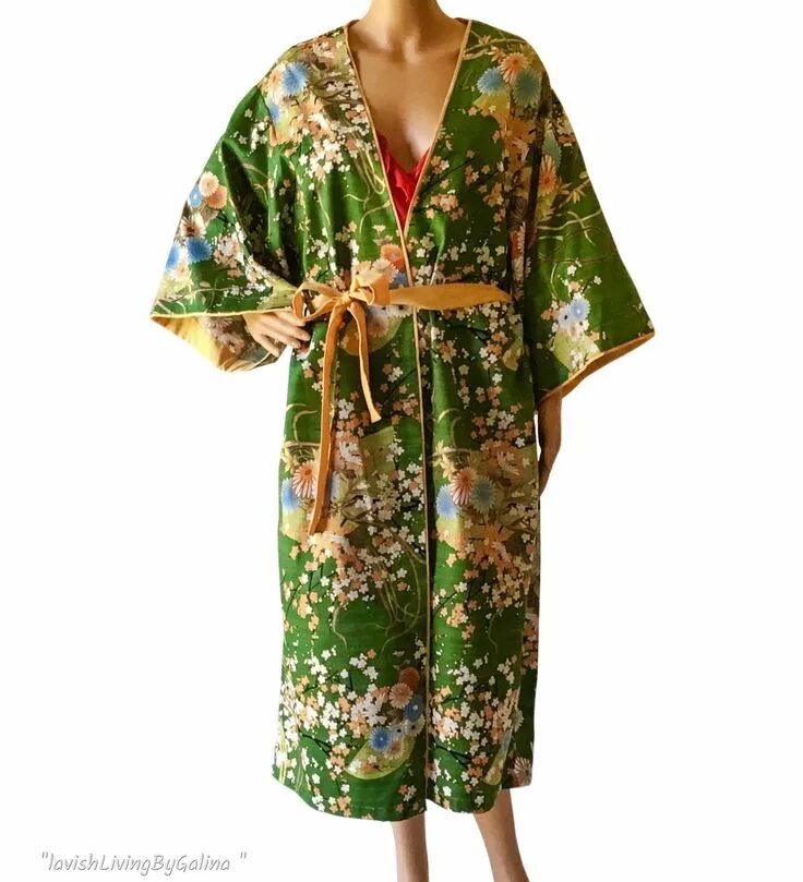 Купить на садоводе платье кимоно цветные фото Green Long Kimono Robe, Japanese Silk Cotton Kimono Dress, Floral Kimono Robe, F