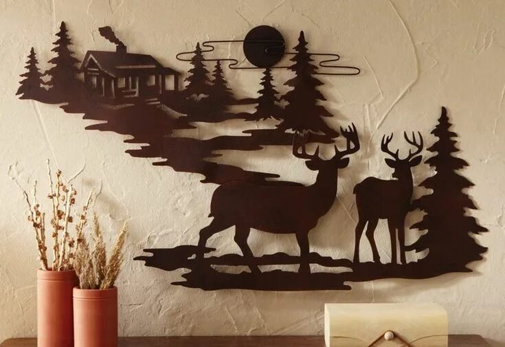 Купить на стену декор охота Woodland Cabin & Deer Metal Wall Art (1) in 2022 Silhouette wall art, Art lodge,