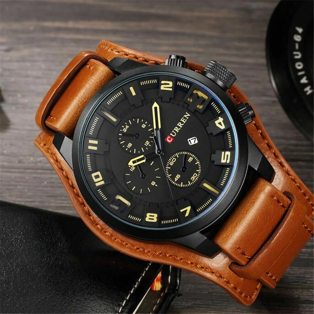 Купить наручные часы фото ✔ CURREN Men Military Quartz Watch Large Dial Casual Leather Strap Male Wristwat
