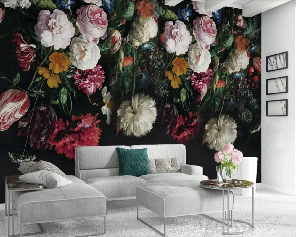 Купит обои в интерьере Custom high-end wallpaper-European retro nostalgic hand-painted flower TV backgr