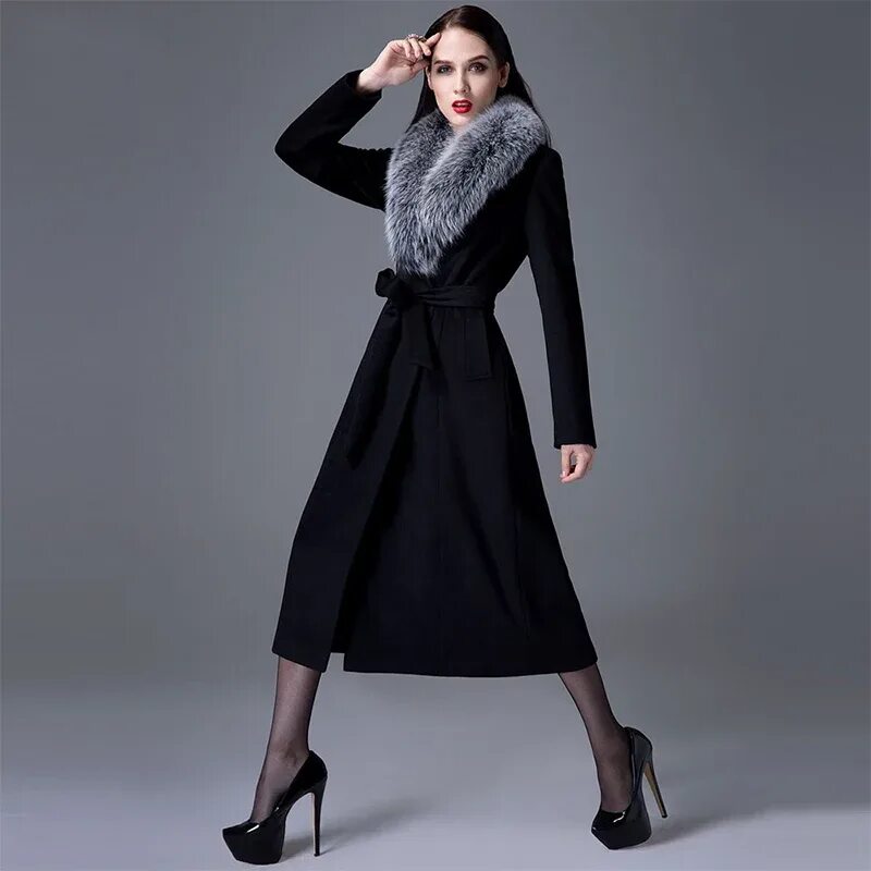 Купить пальто женское в москве модное зимнее Autumn Winter Wool Overcoat Luxury Big Real Fox Fur Collar Slim Ladies Elegant W