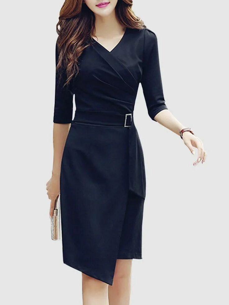 Купить платье женское деловой стиль V-Neck Asymmetric Hem Plain Bodycon Dress Products in 2019