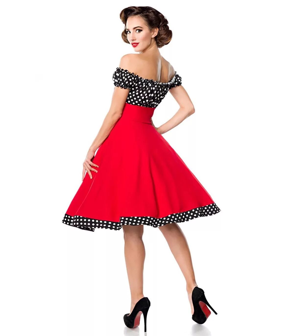 Купить платье женское в стиле стиляги Belsira schulterfreies Swing-Kleid schwarz/weiss - midi Kleider online günstig k