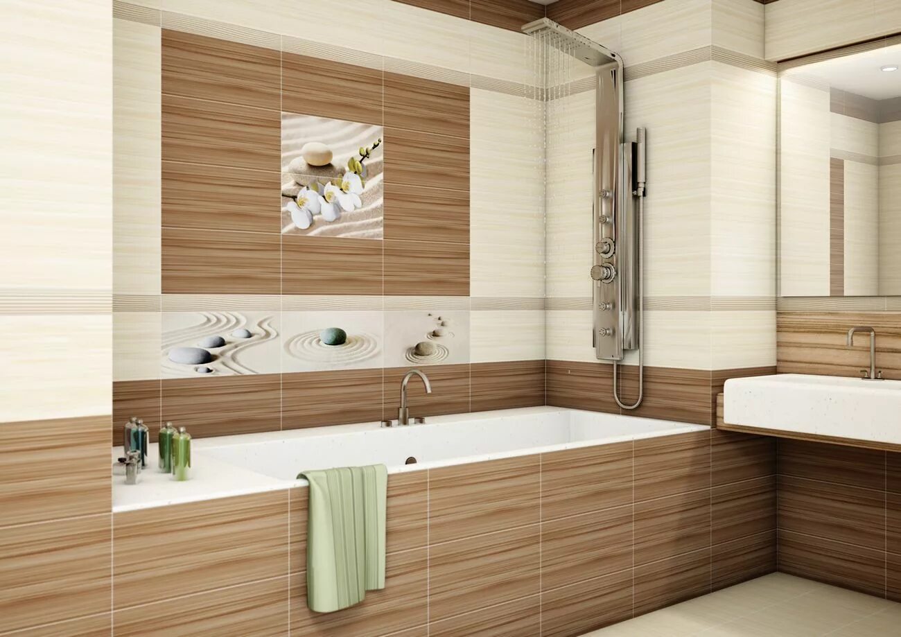 Купить плитку в ванну фото Relax бежево-голубая 25x50 Alma Ceramica - Плитка Альма Керамика Релакс бежево-г