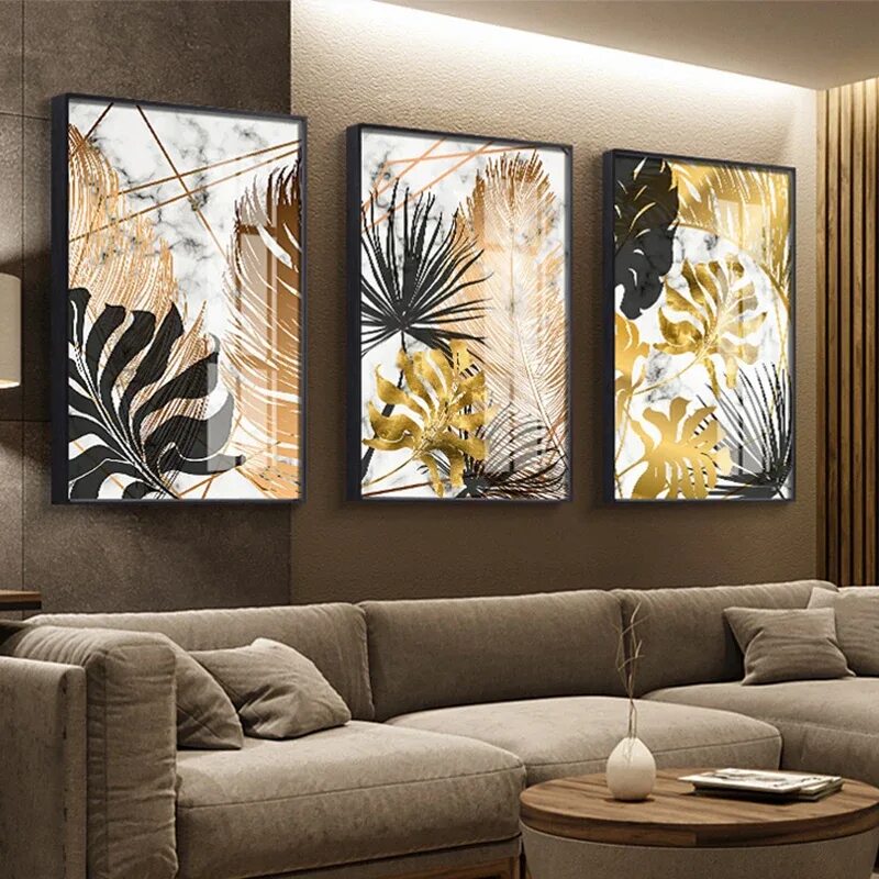Купить постеры картины для интерьера недорого Nordic Golden Leaf Wall Art Poster, принты растений, Картина на холсте, современ