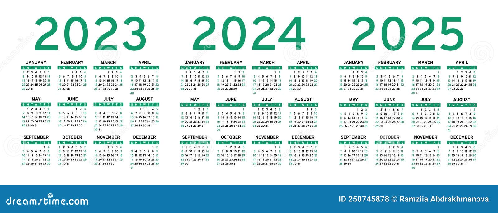 Купить производственный календарь на 2025 год Calendar 2023, 2024 and 2025 Years. Vector Calender Design Template. English Set