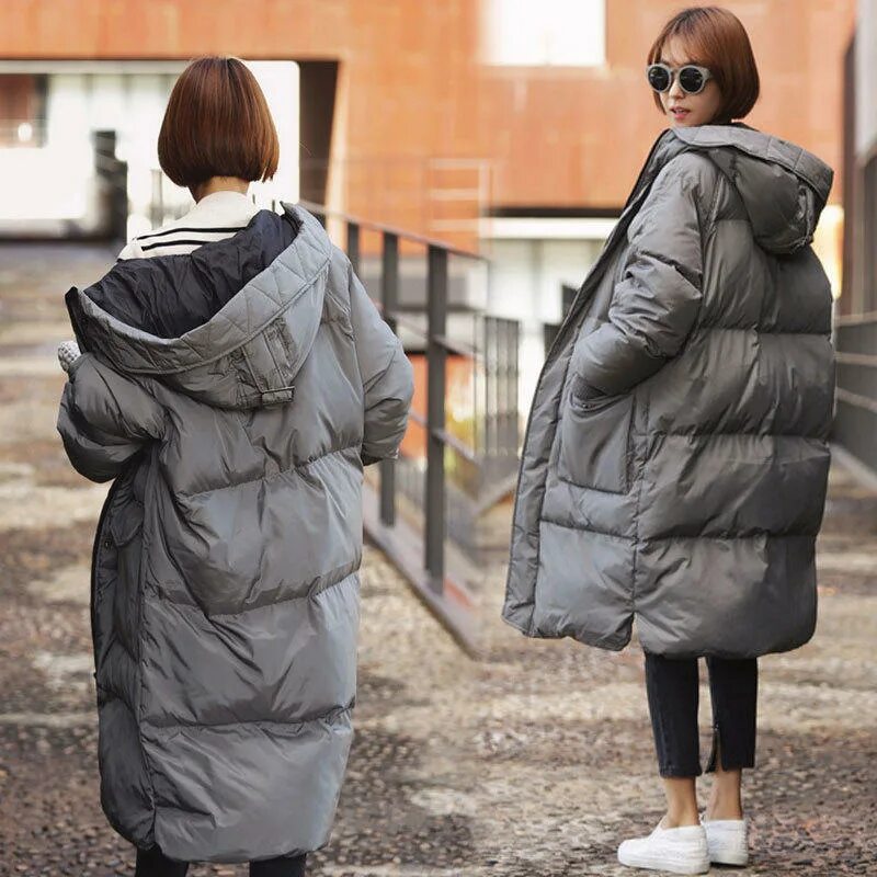 Купить пуховик оверсайз женский зимний модный Winter Casual Down Coat Loose Mid-long Cotton Outwear Women Hooded Padded Parka 