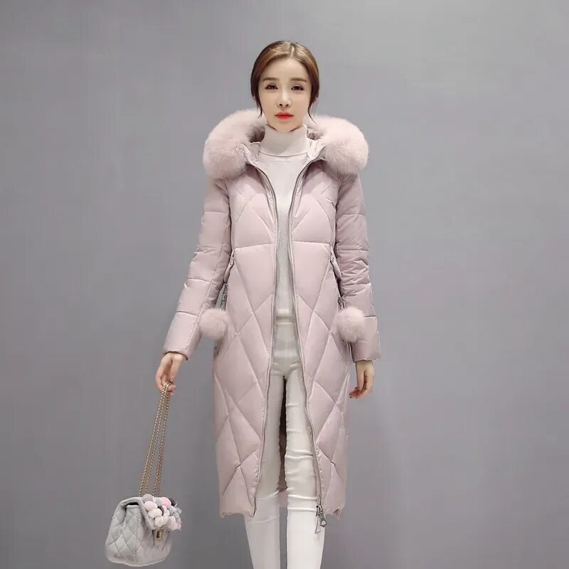 Купить пуховик женский зимний в москве модный European Winter Women Parkas Down Coats Fox Fur Hoody Lady Warm Outerwear Overco