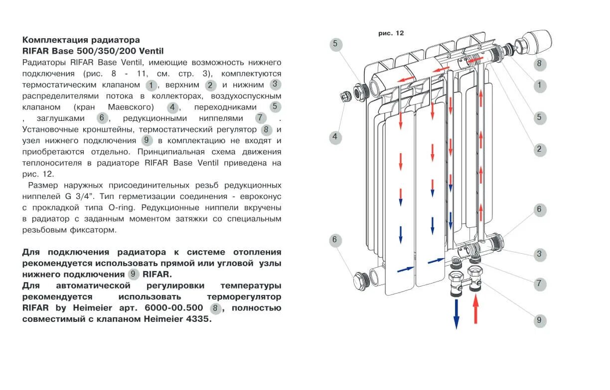 Купить радиатор отопления нижнее правое подключение Rifar Base Ventil 350 21 секция биметаллический радиатор с нижним левым подключе