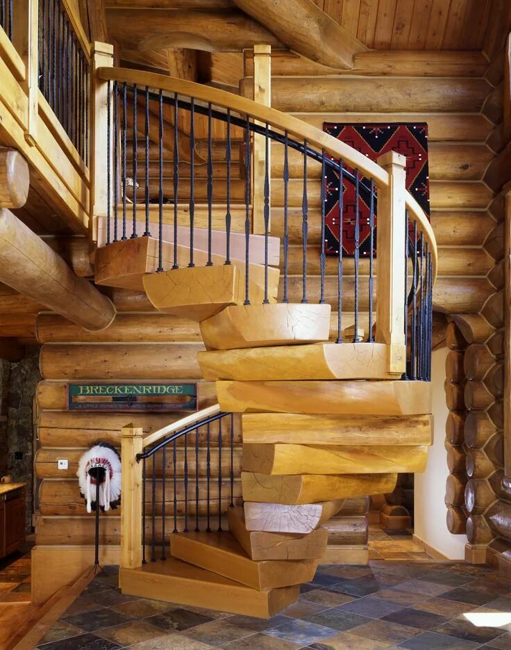 Лестница из сруба фото Iron and wood railing Log homes, Staircase design, Wooden staircase design