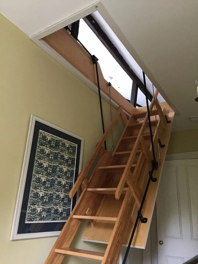 Лестница люк на чердак фото Loft Centre Windsor Electric Sliding Wooden Stairway Loft ladder, Attic rooms, A