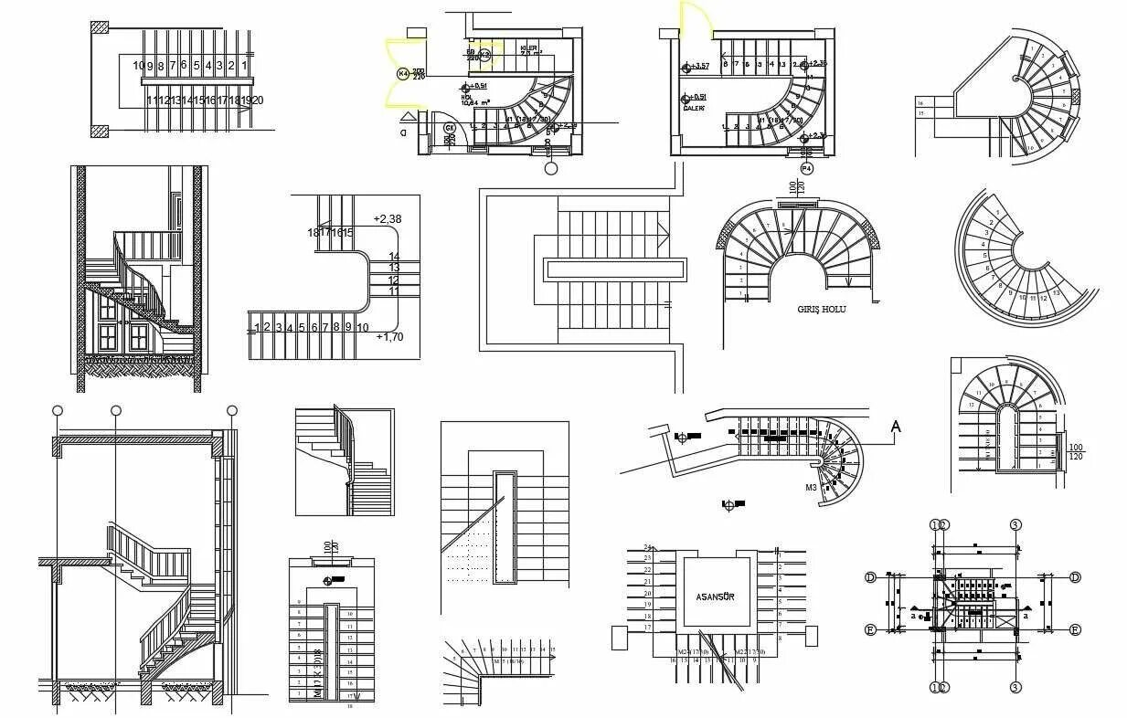 Лестница проект чертеж CAD drawing details of different types of staircase design like spiral stairway,