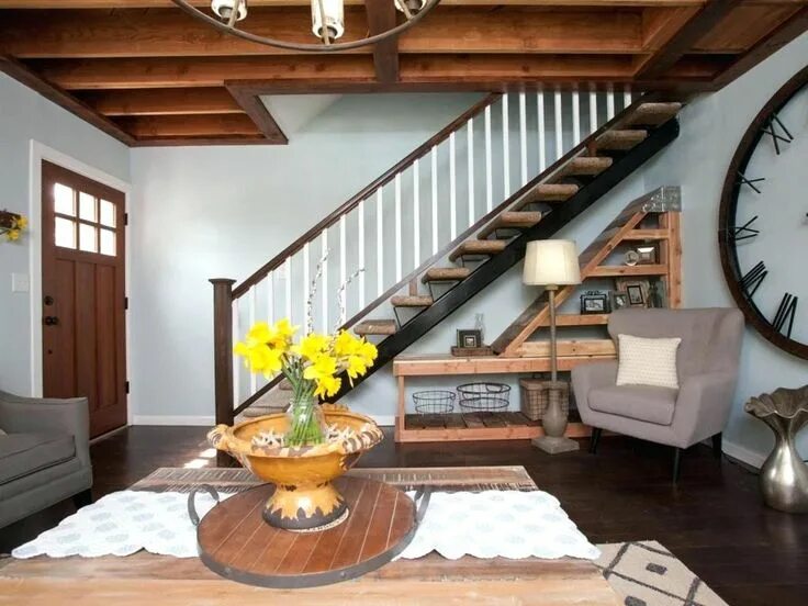 Лестница в интерьере загородного дома Creative Under Stairs Shelving Ideas Finished living room, Rustic living room, O