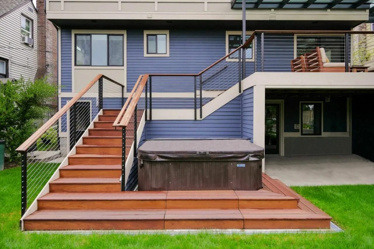 Лестница возле дома фото Contemporary Blue Exterior With Back Deck & Hot Tub Porch design, Exterior stair