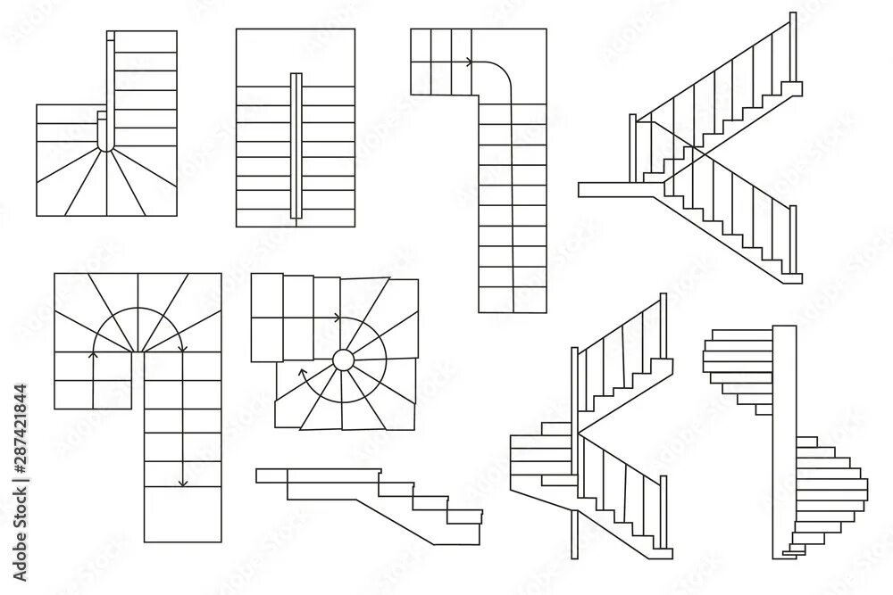 Лестница вверх чертеж Drawing stairs, stairway. Top view and sectional view. Architectural set Векторн