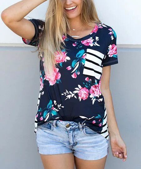 Летние футболки фото Tickled Teal Navy Floral & Stripe Pocket Tee - Women Zulily Dark blue shirt, T s