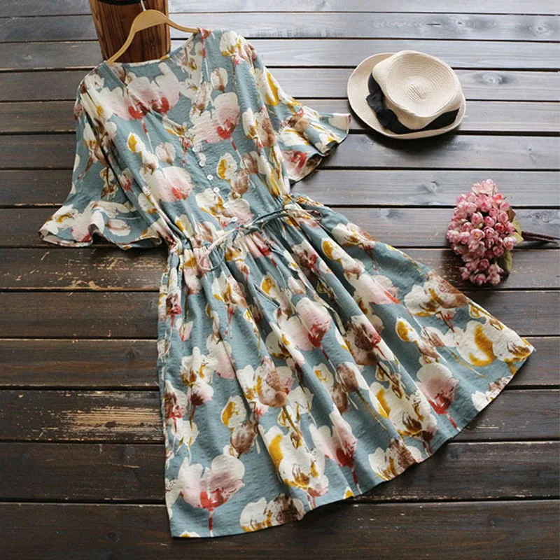 Летние платья хлопок фото Sweet Summer Floral Printed Cotton Linen Dress Women O Neck Laides Dresses Short
