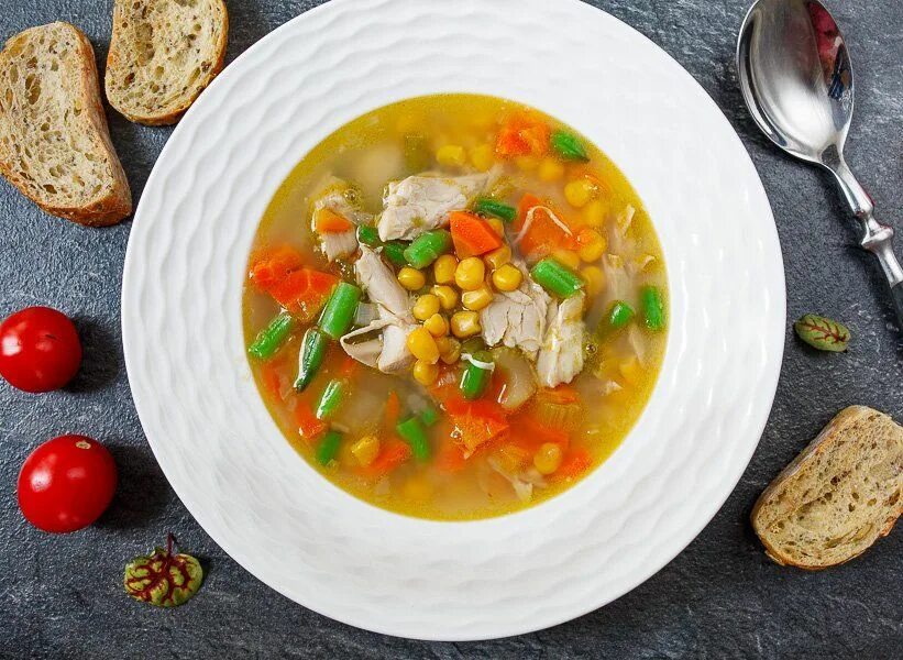 Летние супы рецепты с фото Легкий куриный суп с кукурузой и зеленой фасолью Еда, Национальная еда, Куриный 