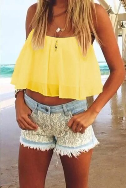 Летние топики фото Yellow, Pink Or Green Chiffon Ruffle Cami Crop Top Cute outfits, Cute summer out