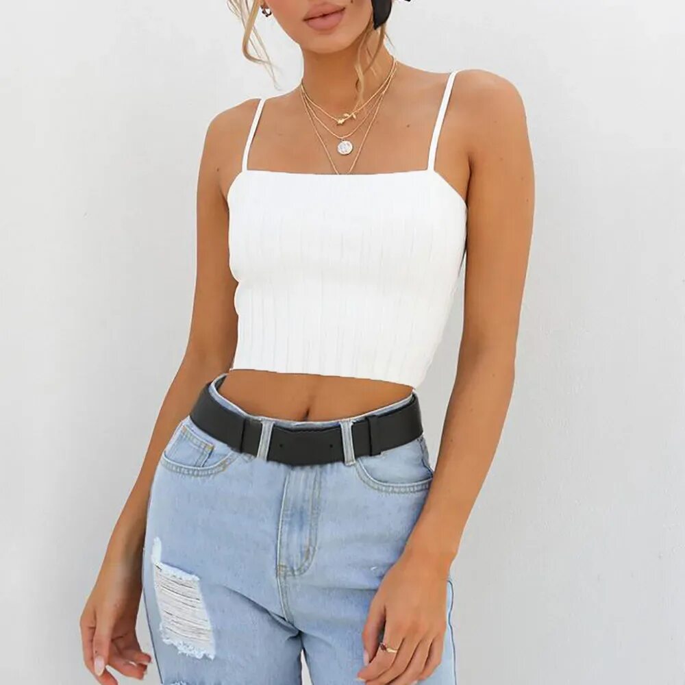 Летние топики фото Summer women's T shirt slim solid color round neck sleeveless vest strapless hal