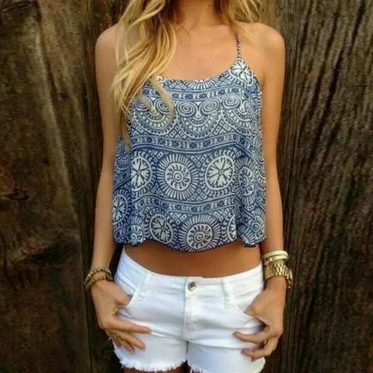 Летние женские топы фото NEW Blue Flowy Crop Top 夏 服.フ ァ ッ シ ョ ン.ガ-ル ズ フ ァ ッ シ ョ ン