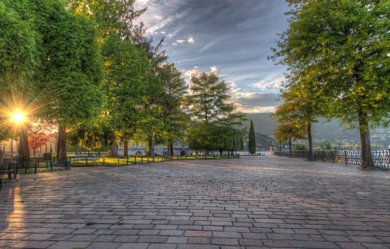 Летний город фото Wallpaper trees, Park, sunrise, Italy, alley, promenade, Italy, Lombardy for mob