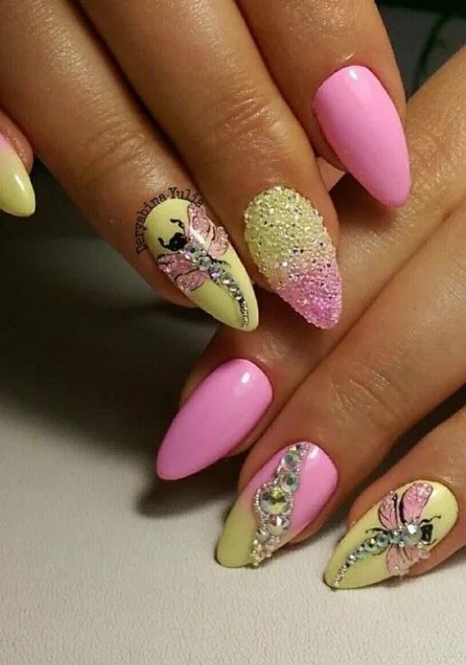 Летний маникюр 2024 миндаль лето Pink & Yellow Nails W/Dragonflies Yellow nails, Opi gel nail colors, Opi gel nai
