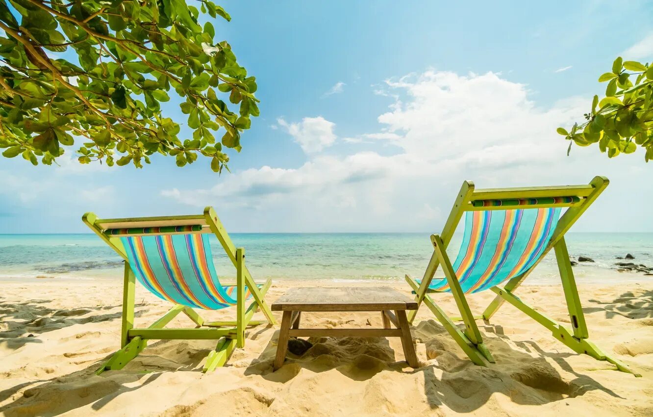Летний отдых море фото Wallpaper sand, sea, wave, beach, summer, palm trees, shore, chaise for mobile a