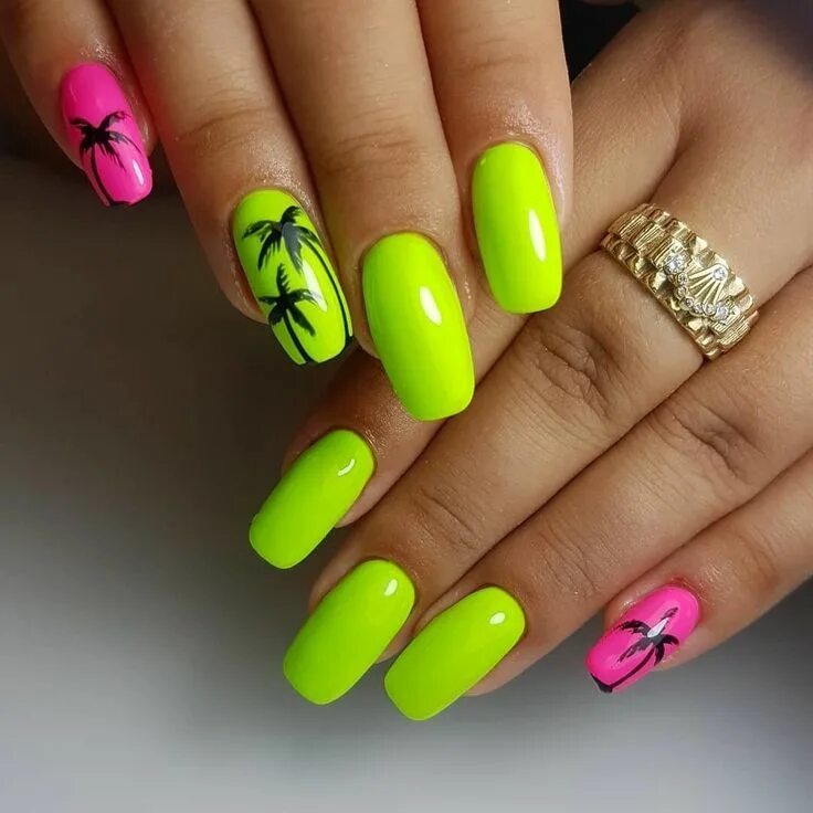 Летний яркий маникюр фото 2024 Розовый маникюр с зеленым - 60 фото Nagels