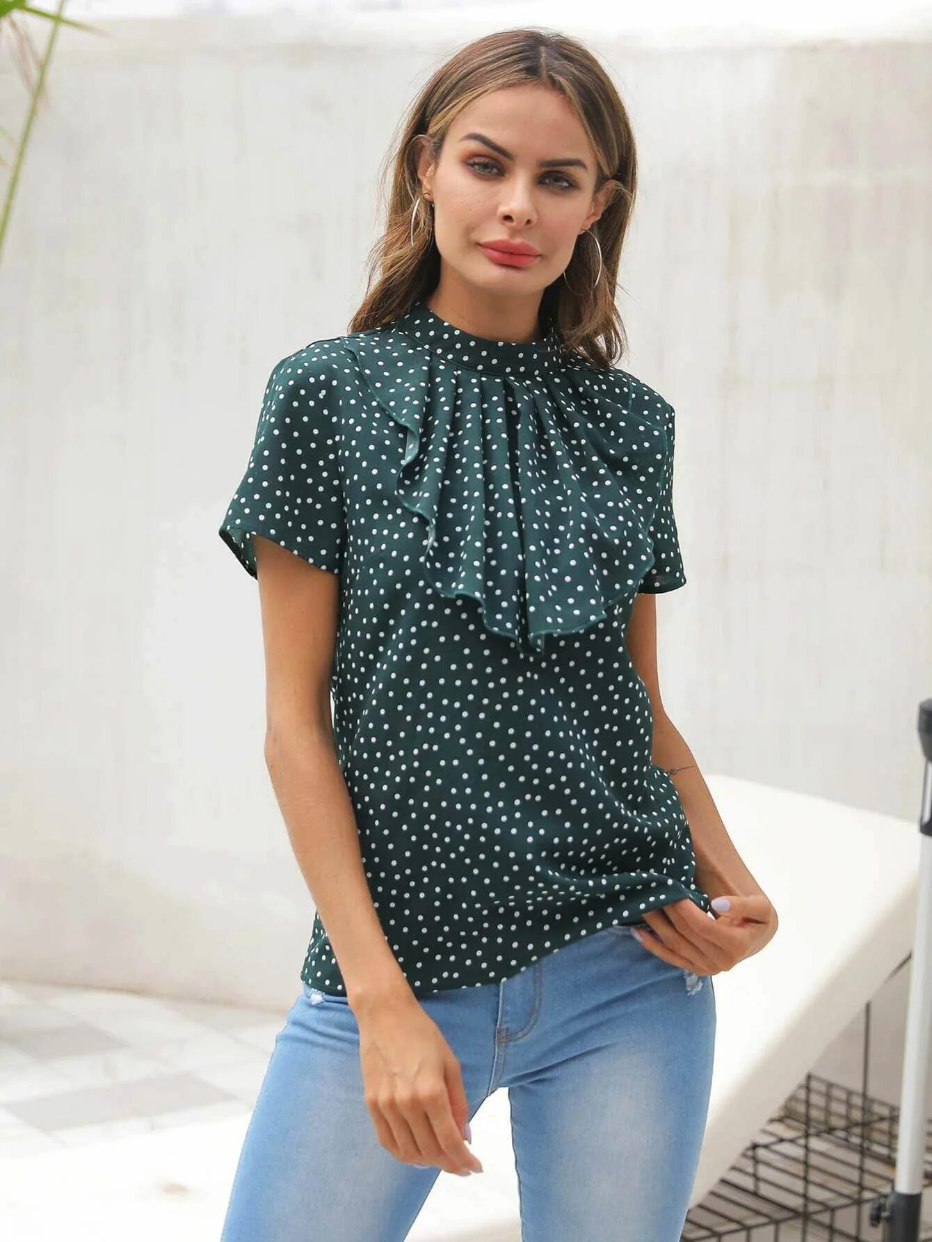 Летняя блузка фото Polka Dot Ruffle Trim Blouse Top outfits, Blouses for women, Ruffle trim