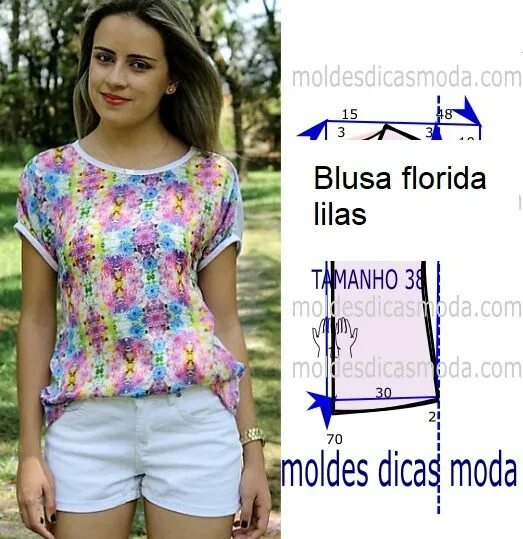 Летняя блузка своими руками без выкройки BLUSA FLORIDA LILAS Moldes Dicas Moda Vestido sem costura, Confecção de vestuári