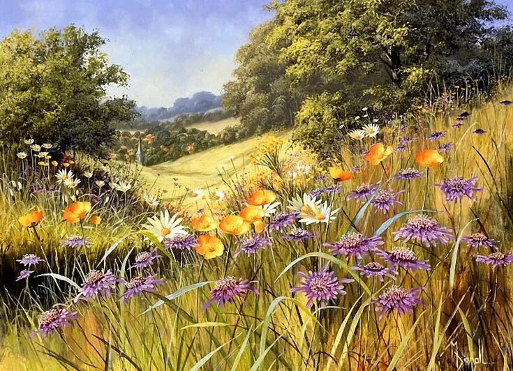 Летняя картина фото Полевые цветы в картинах Мери Дипнолл Landscape paintings, Colorful landscape, L