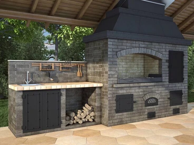 Летняя кухня барбекю фото Pin by Ivanna Rybak on Ідеї для дому Outdoor bbq kitchen, Backyard fireplace, Ou