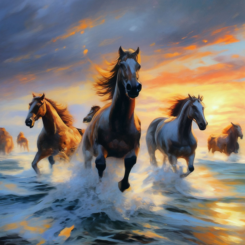 Лошади море фото "Landscape,horses,sea,splashes,horses ." - image created in Shedevrum